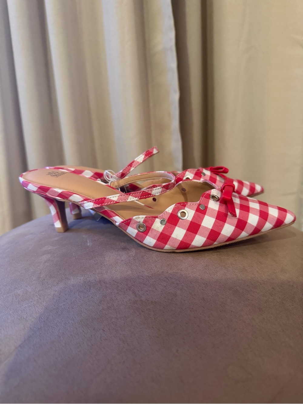 wild fable Red Gingham Pointed-Toe Kitten Heel Mules